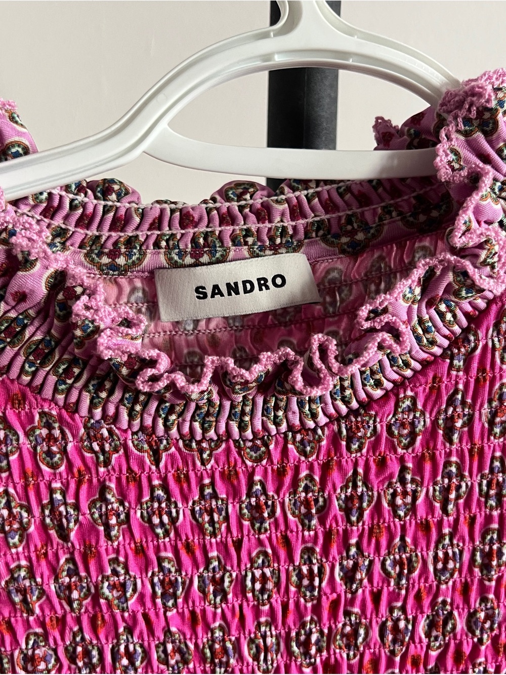Sandro Pink Smocked Ruffle Neck Top - Picture 2 of 5